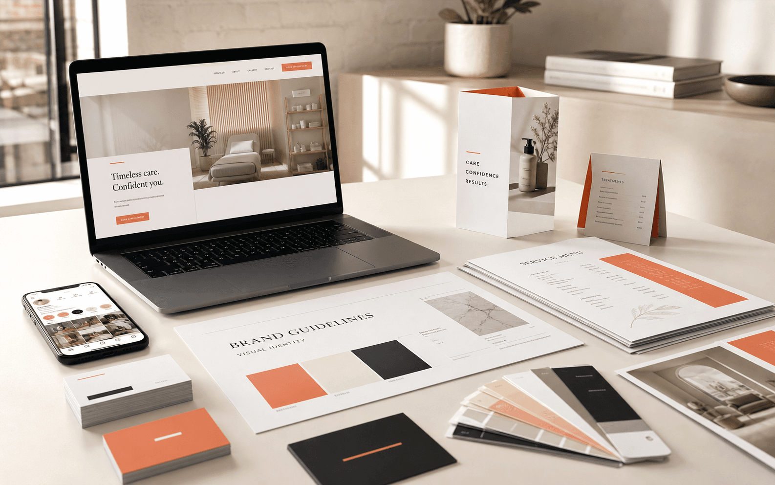 Brand launch kit with website, brand guidelines, print materials, and social assets
