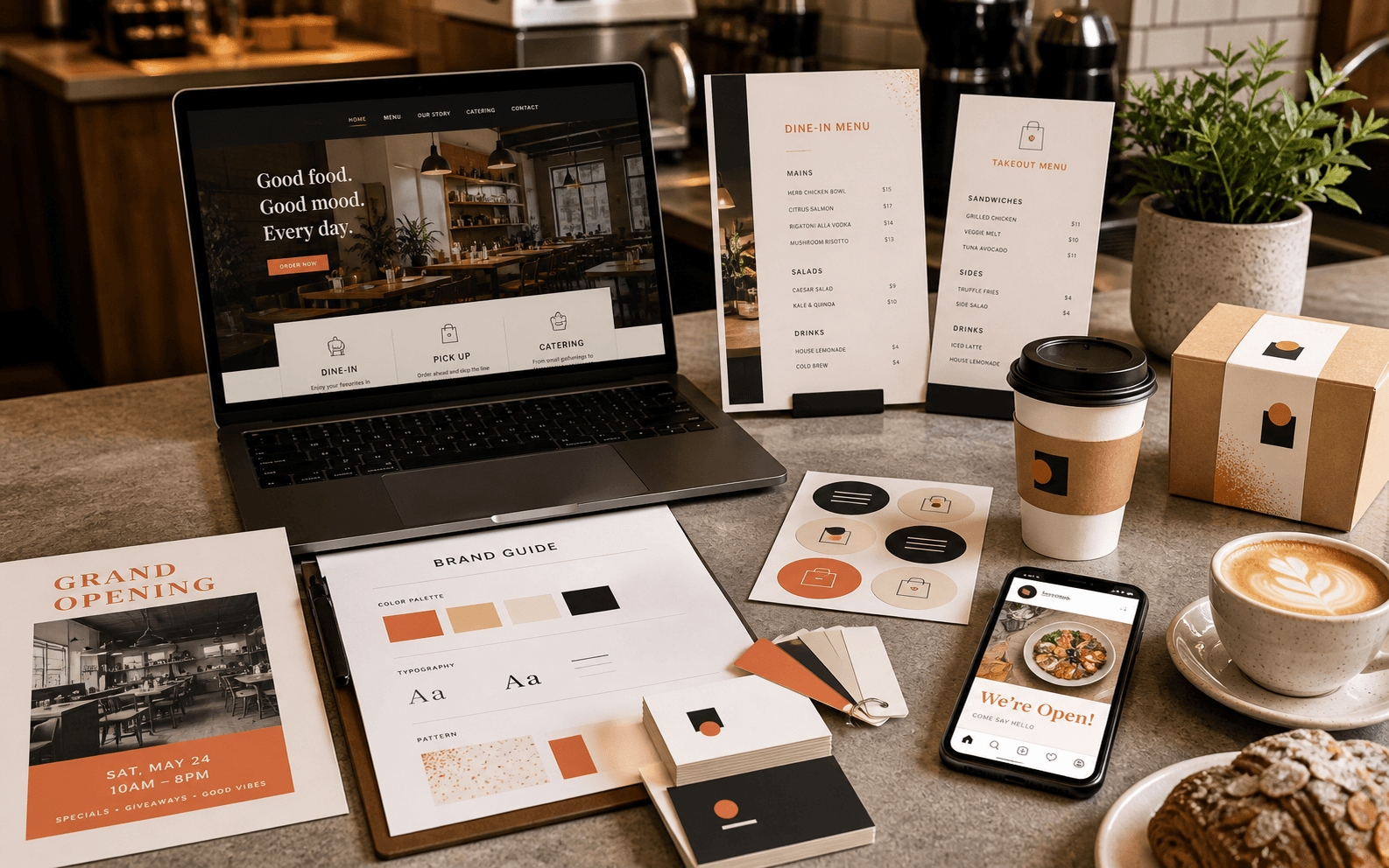 Restaurant and Cafe branding, web, and print launch kit