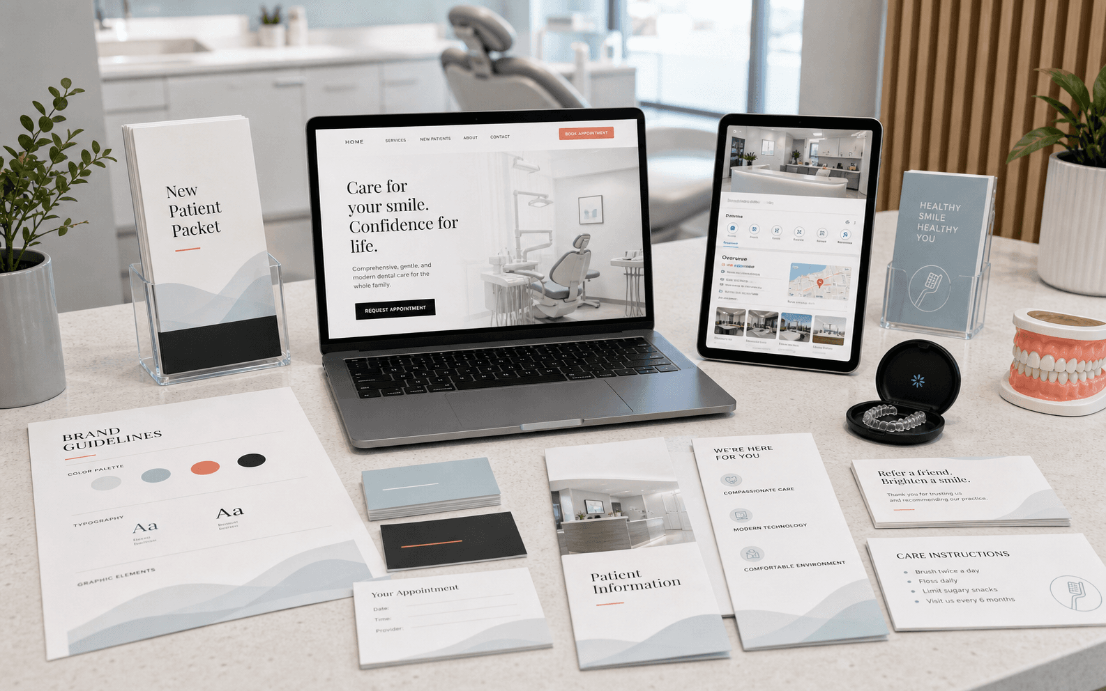 Dental branding, website, and print article preview