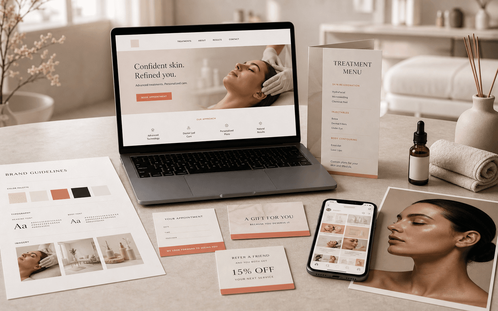 Med Spa branding, website, and print article preview