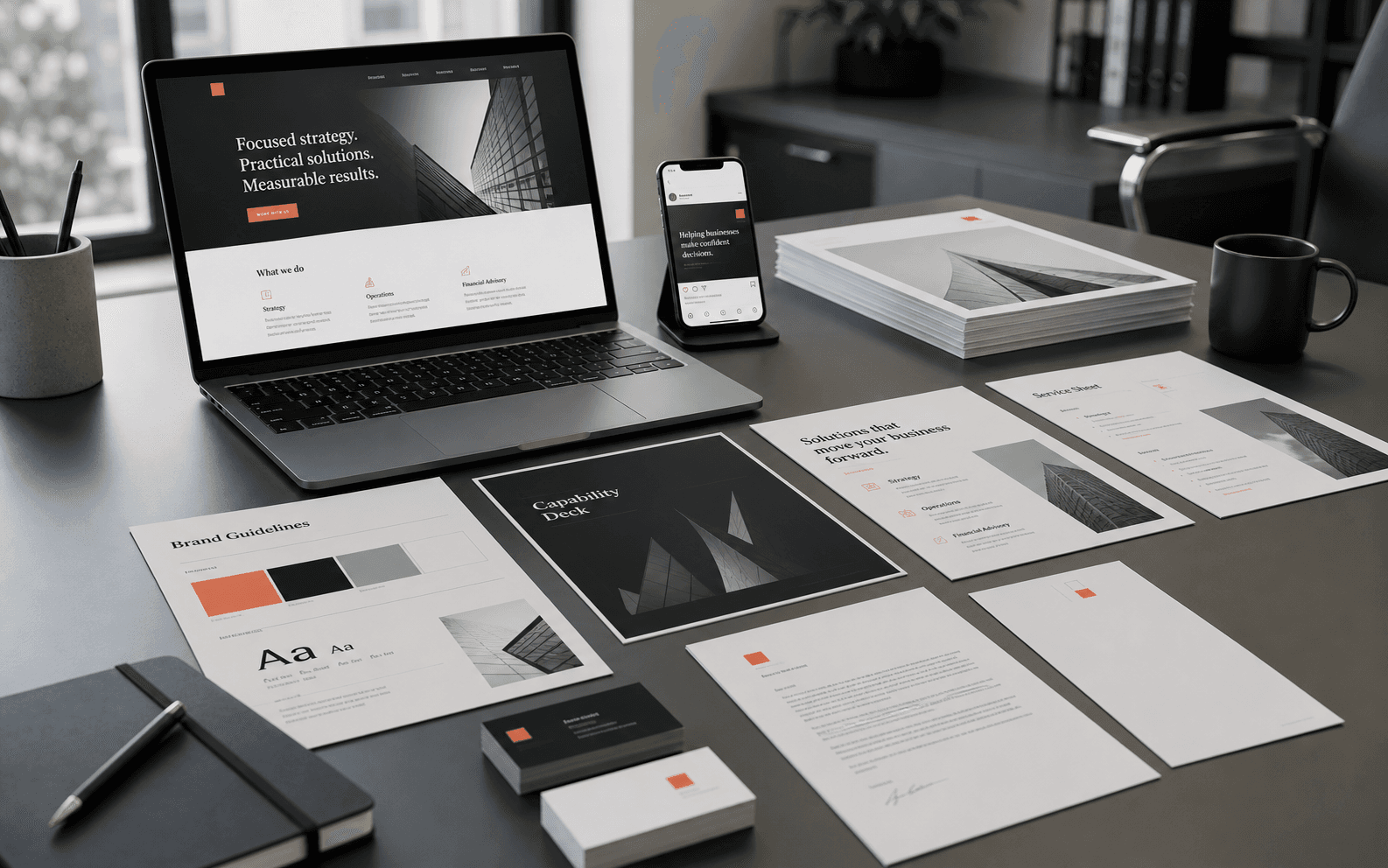 Visual Square article preview with brand, website, print, and launch materials